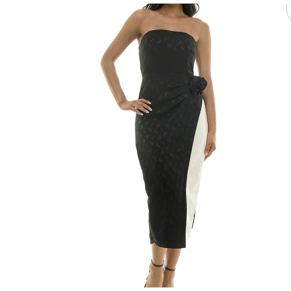 Maison Tara Rosette Midi Dress Women's 10 2-Tone Jacquard Black & Ivory Party